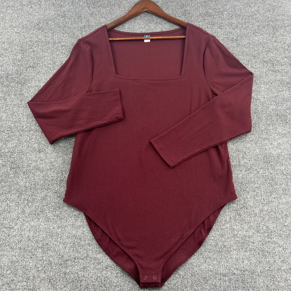 Old Navy Bodysuit Womens 3X Burgundy Square Neck Ribbed Long Sleeve Minimalist